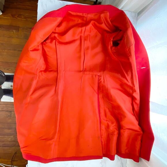 Vintage DEJAC PARIS Red Poplin Double Breasted Coat L + Betsey Johnson Pin - Picture 12 of 16